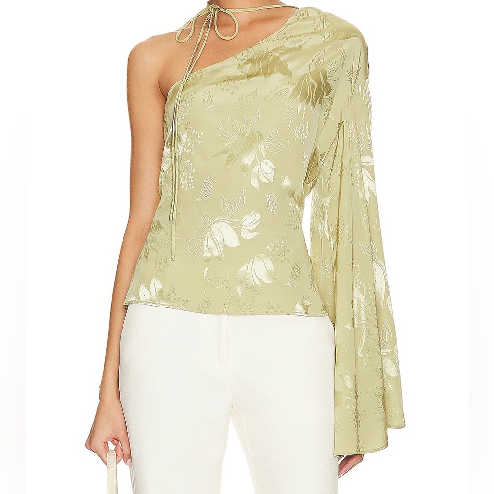 L'Academie One-Shoulder Floral Satin Top in Sage Green